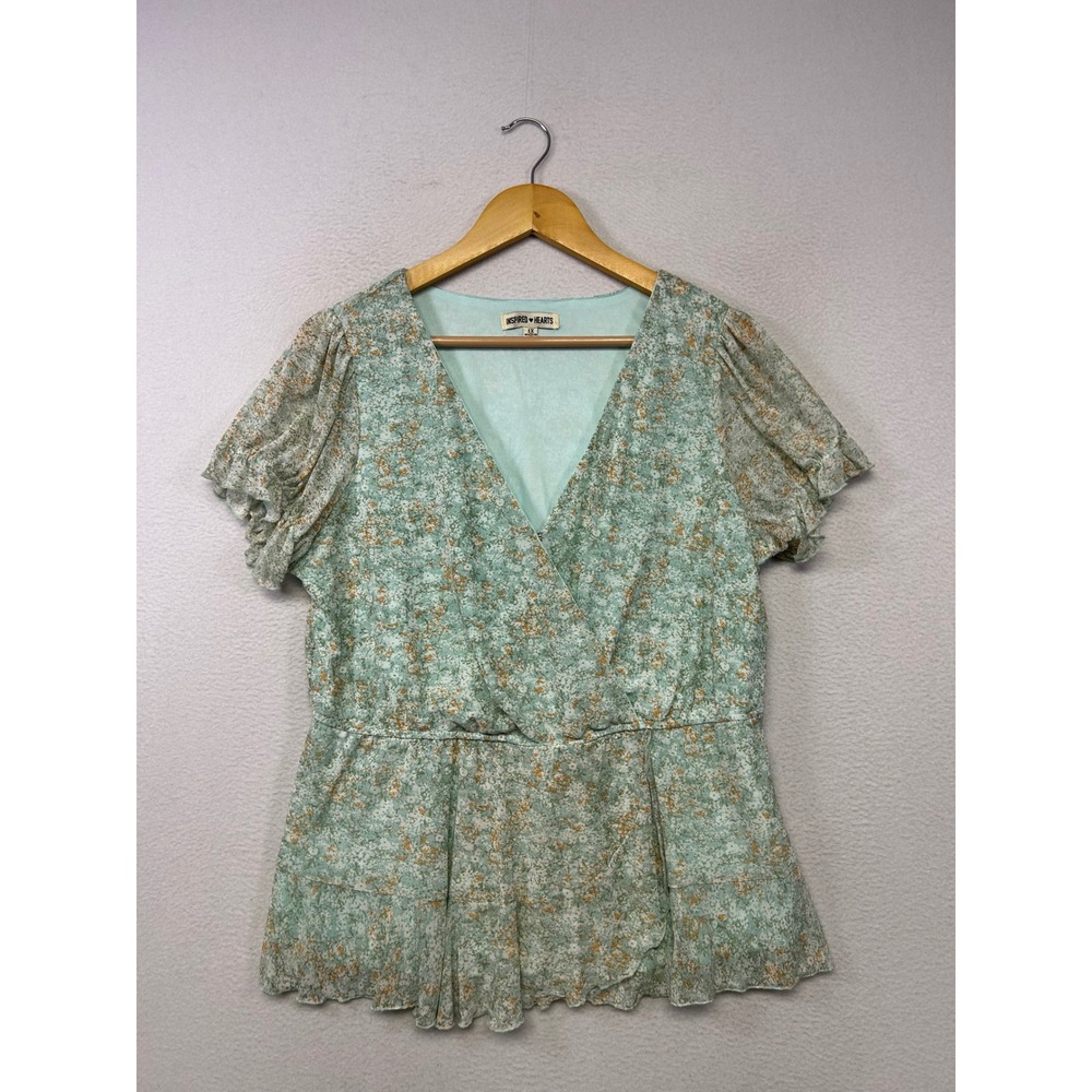 Cottagecore Inspired Hearts Womens 1X Sage Green Floral Peplum V-Neck Blouse